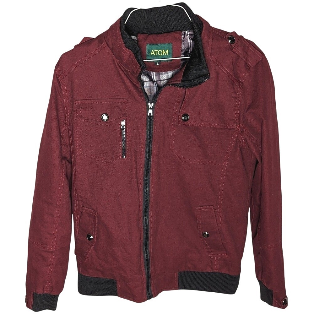 ATOM Bomber Meets Utility Jacket Maroon and‎ Black Jacket with Plaid Lining